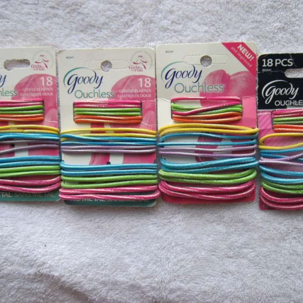 18 Goody Ouchless Ponytailer Hair Band No Metal Elastics 3 Sizes Tinsel Colorful